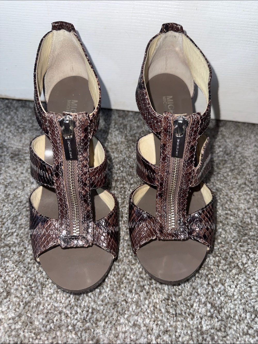 MICHAEL Michael Kors Brown Snake-Print Zip Front Heels